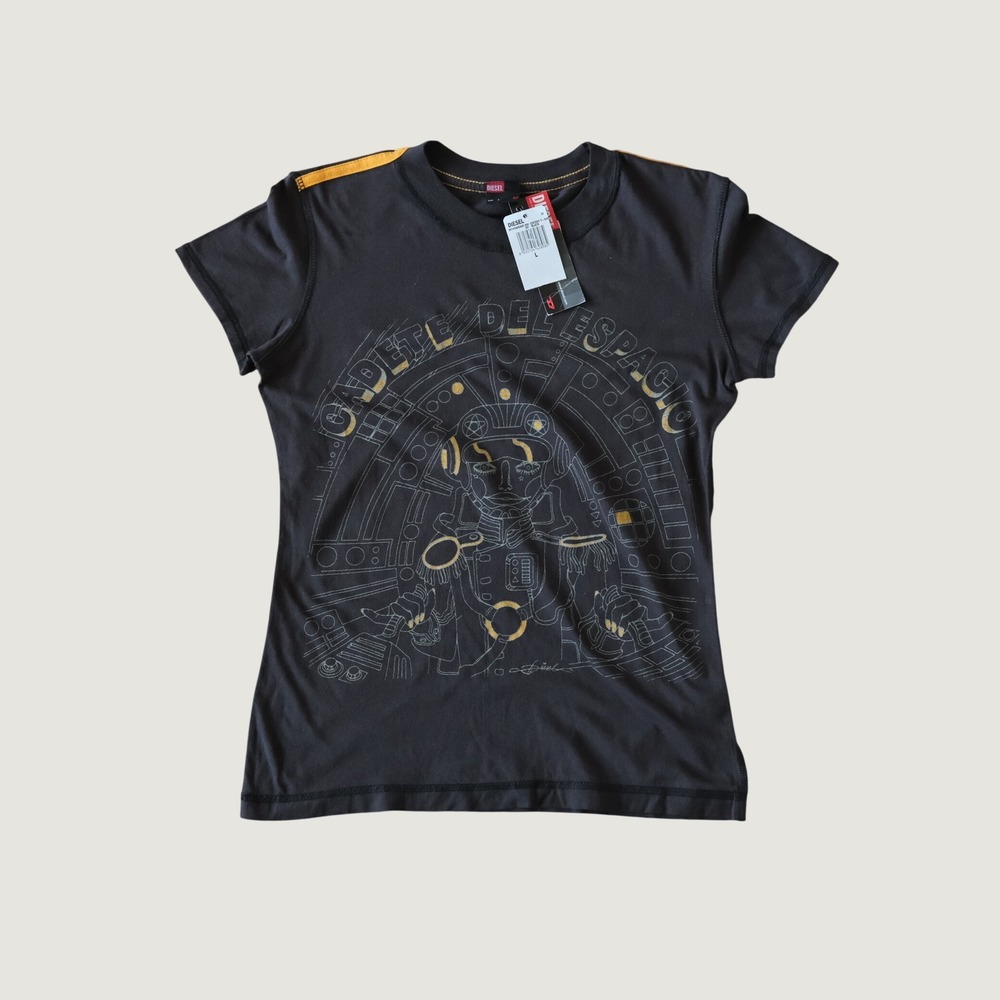 Diesel T-Shirt Black Graphic Space Cadet Cotton Y2K Streetwear Large Escosy